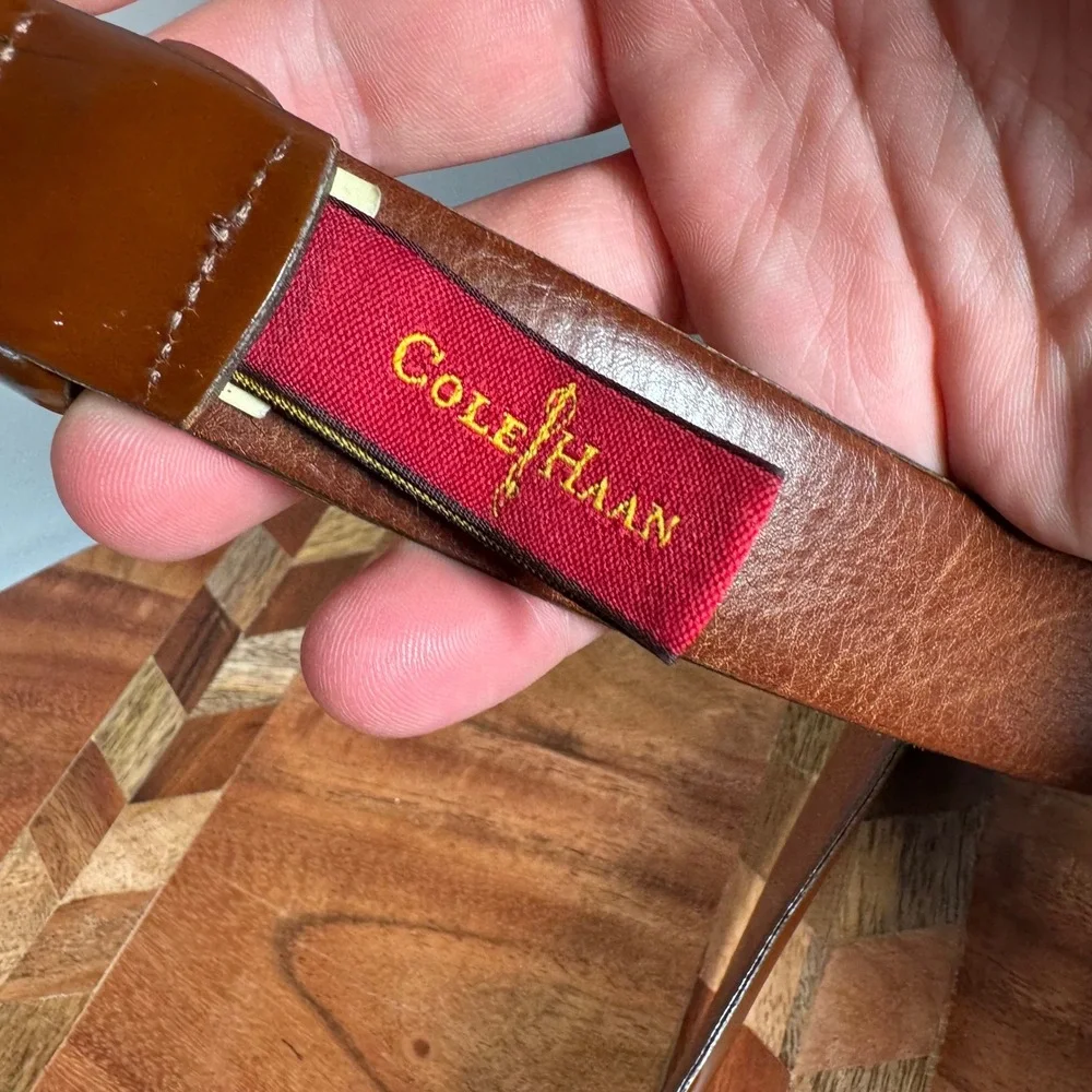 Cole Haan Mens Brown Leather Belt 38 Gold Buckle Made in USA A08817 Cognac